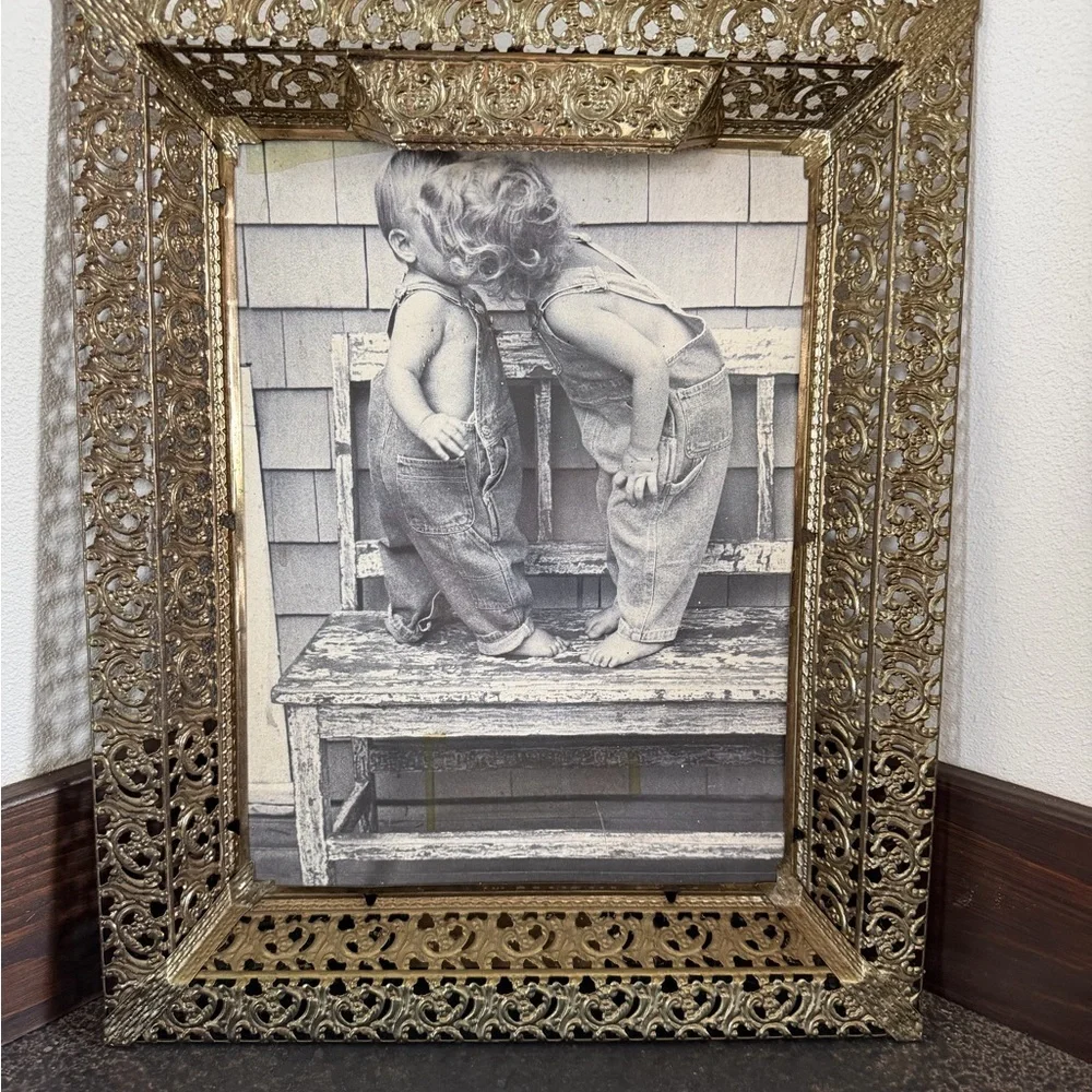 Antique Lighted Brass Frame Boy Girl Kissing Overhead Light Hanging Stand Frame